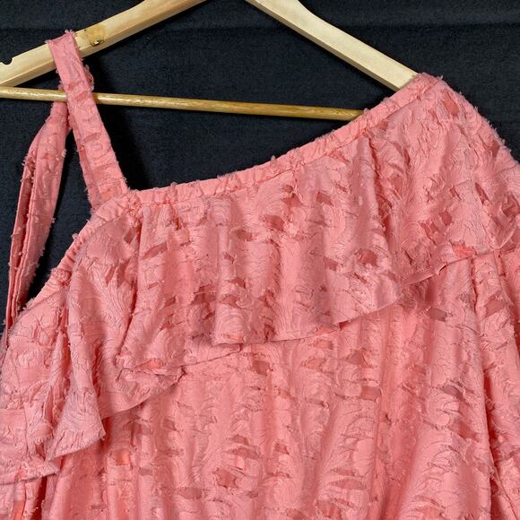 Lauren Conrad Womens Blouse Peach Coral One Shoulder Ruffle Fringe Stretch L - Picture 11 of 15